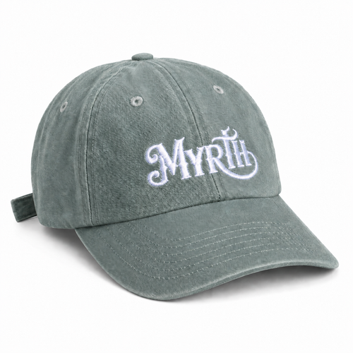 Sage green baseball cap with white embroidered Myrth logo on front