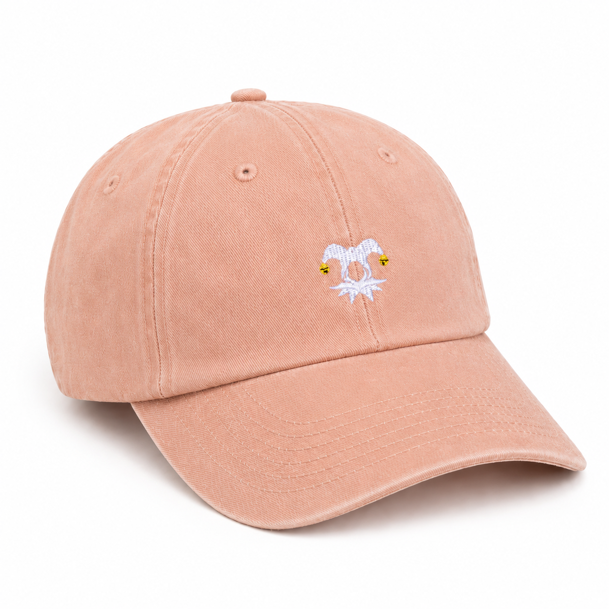 Peach orange baseball cap with small embroidered Myrth jester logo on front